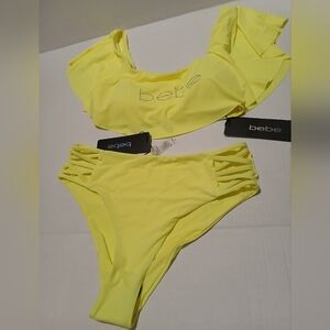 New 2 Pcs Set Bebe Womens Swim Set Bikini off-shoulder  Citrus Neon  Size S